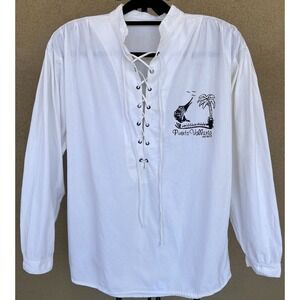 Puerto Vallarta Souvenir Shirt Lace Up Collar Long‎ Sleeve Tourist Cotton L